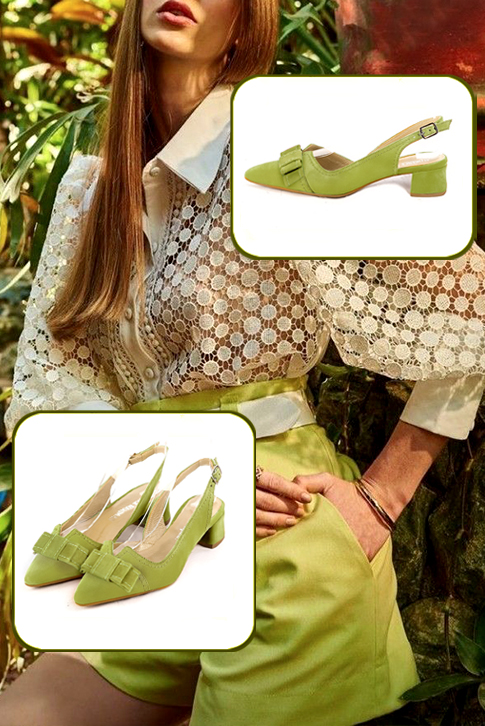 Women's pistachio green elegant slingback heels, with a bow on the front. Tapered toe. Low flare heels - Top view